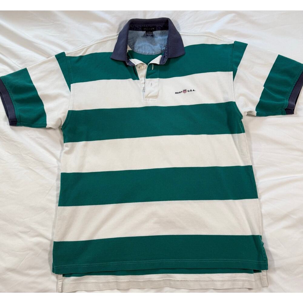 Vintage 90s Gant Striped Polo Shirt blue white Mens Size Large 100% cotton